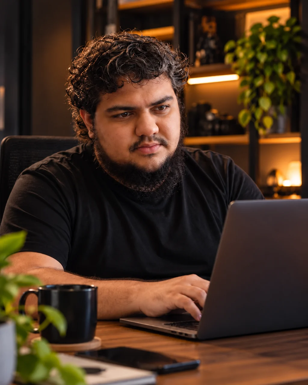 Kalel Menezes trabalhando em um projeto no seu escritório