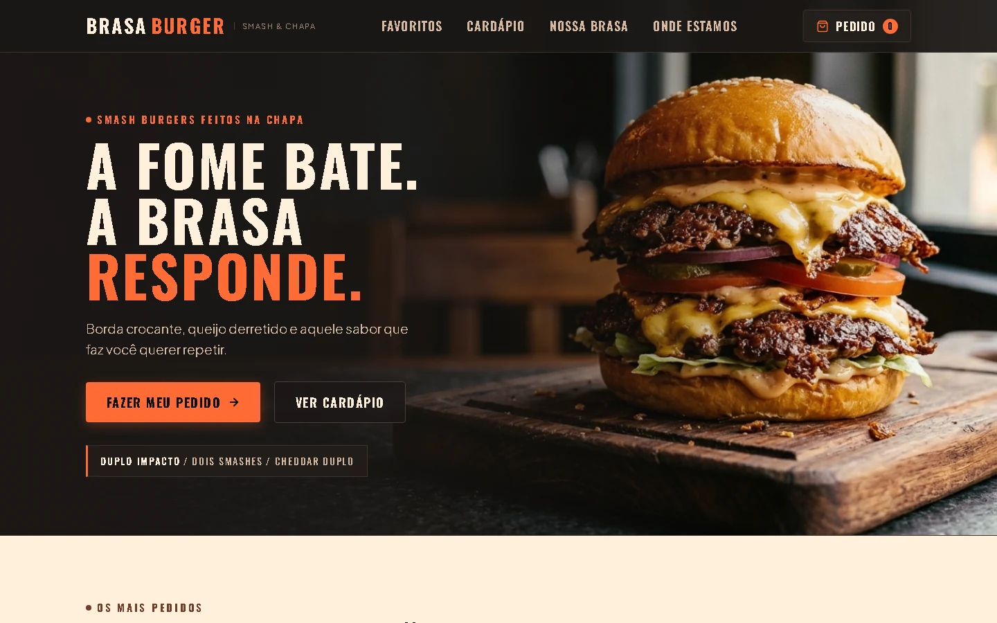 Interface imersiva autêntica do projeto Brasa Burger com fotografia gastronômica