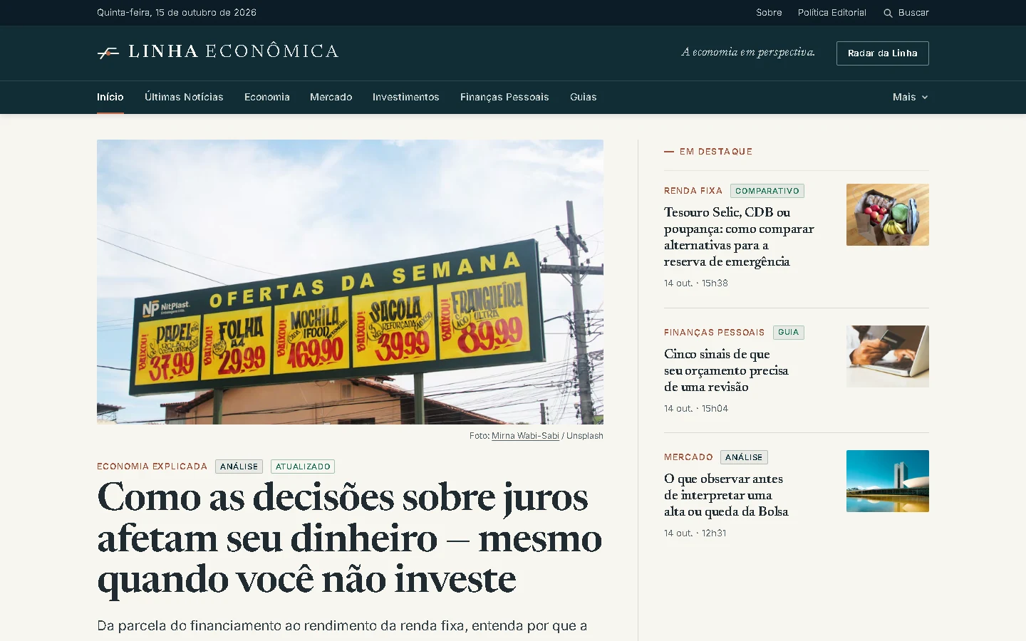 Interface editorial autêntica do portal Linha Econômica